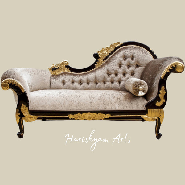 Classic Designer Royal Wooden Chaise Lounge in Gold Finish with Regal Upholstery and Curved Armrest