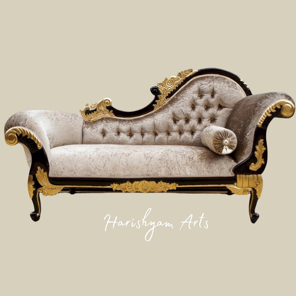 Classic Designer Royal Wooden Chaise Lounge in Gold Finish with Regal Upholstery and Curved Armrest