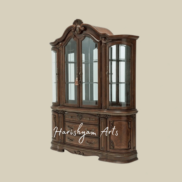 Classic Majestic Crockery Storage Almirah with Decorative Glass Doors and Rich Walnut Finish