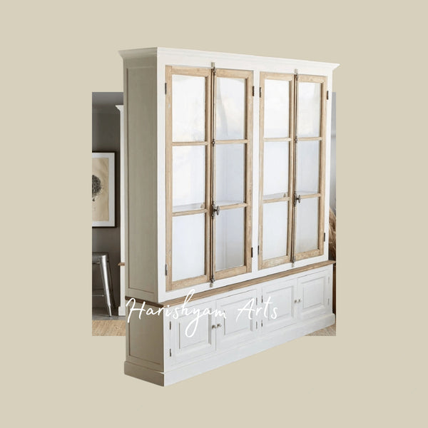 Rustic Farmhouse Wooden Crockery Display Cabinet with Dual-Tone Finish and Glass Front Doors