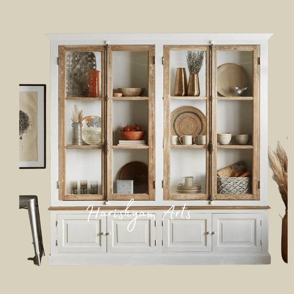 Rustic Farmhouse Wooden Crockery Display Cabinet with Dual-Tone Finish and Glass Front Doors