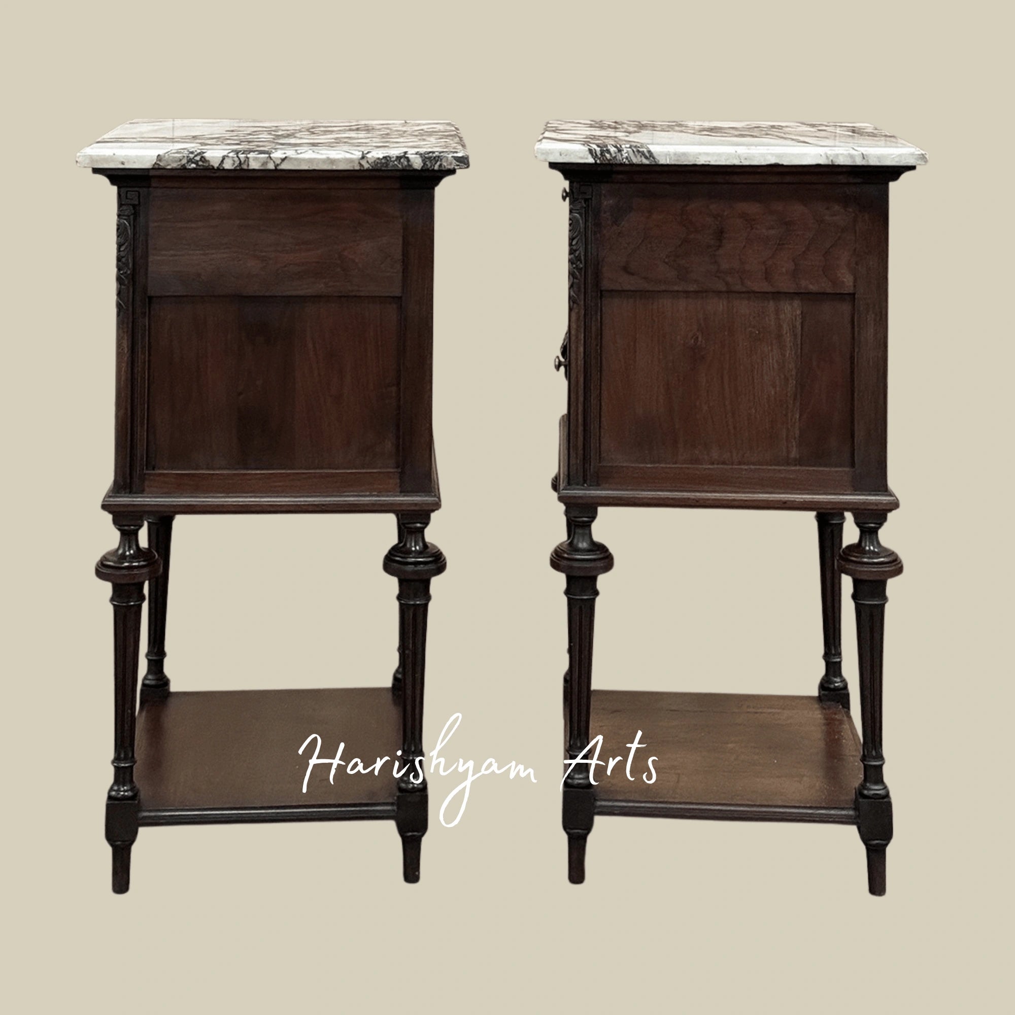 Classic Wooden Nightstand with Marble Surface and Elegant Bedside Cabinet