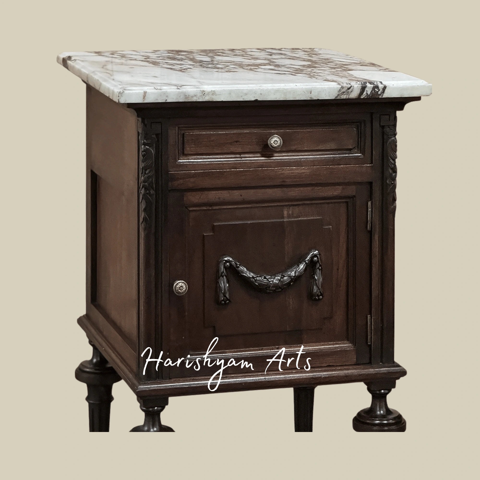 Classic Wooden Nightstand with Marble Surface and Elegant Bedside Cabinet