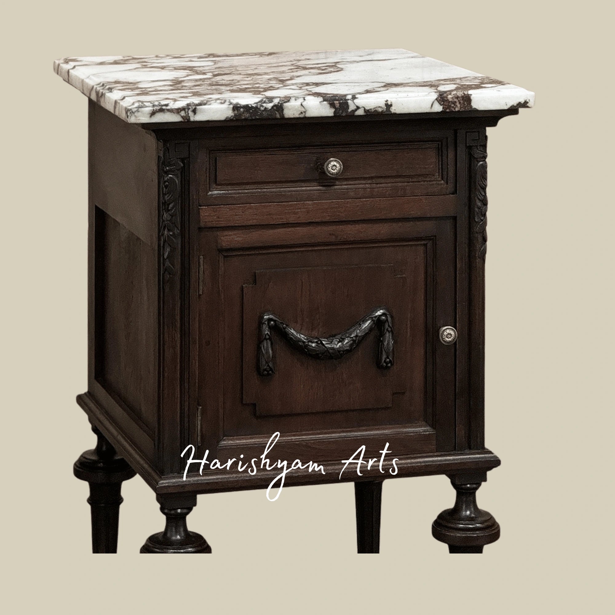 Classic Wooden Nightstand with Marble Surface and Elegant Bedside Cabinet