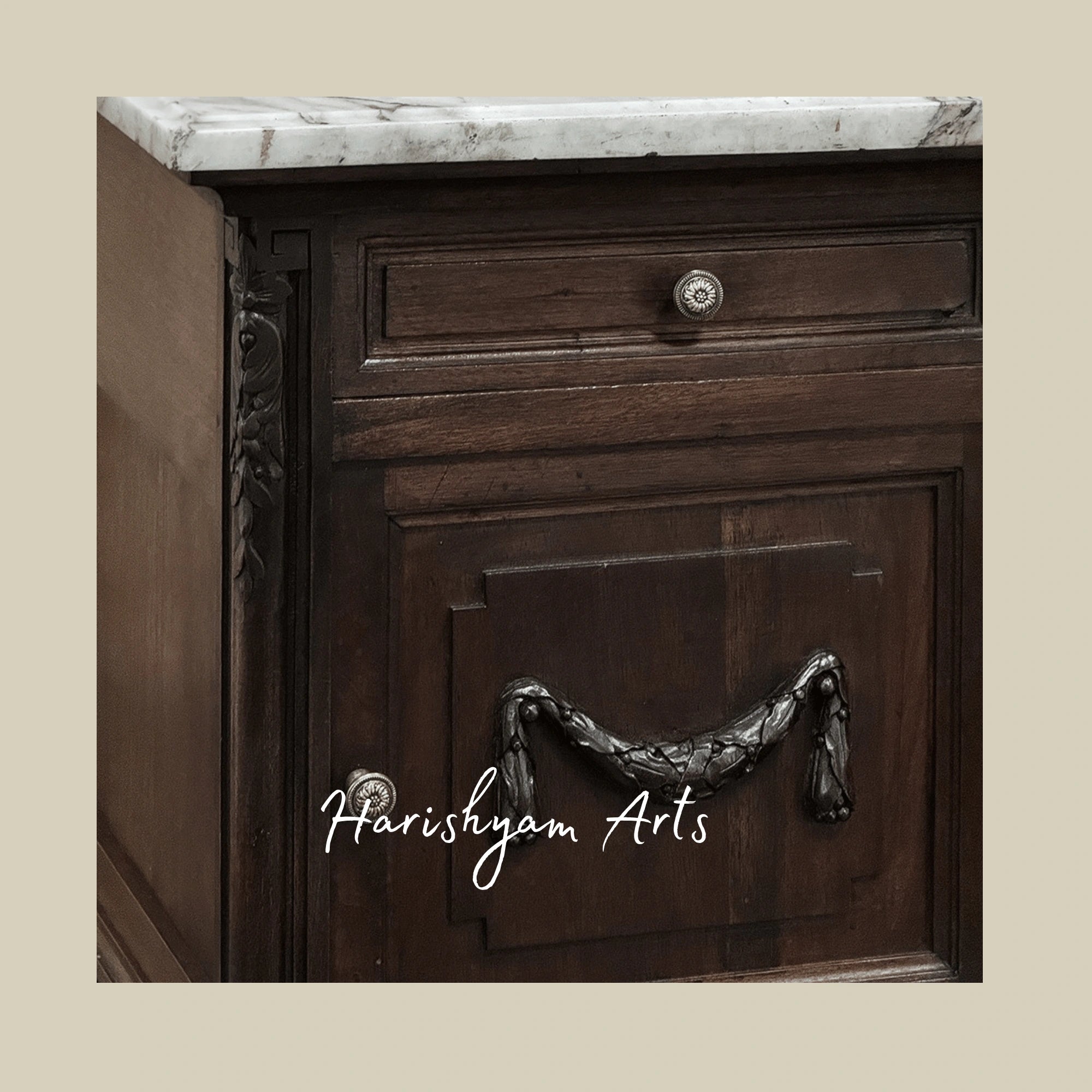 Classic Wooden Nightstand with Marble Surface and Elegant Bedside Cabinet
