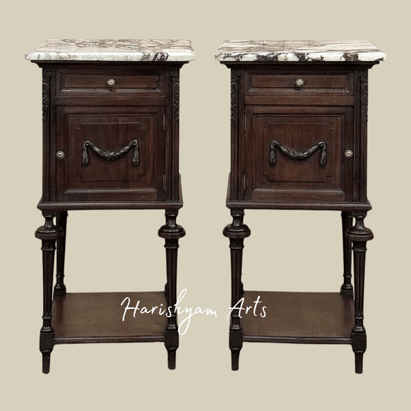Classic Wooden Nightstand with Marble Surface and Elegant Bedside Cabinet
