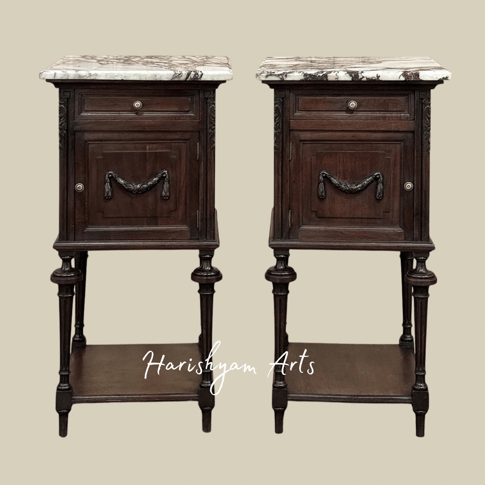 Classic Wooden Nightstand with Marble Surface and Elegant Bedside Cabinet