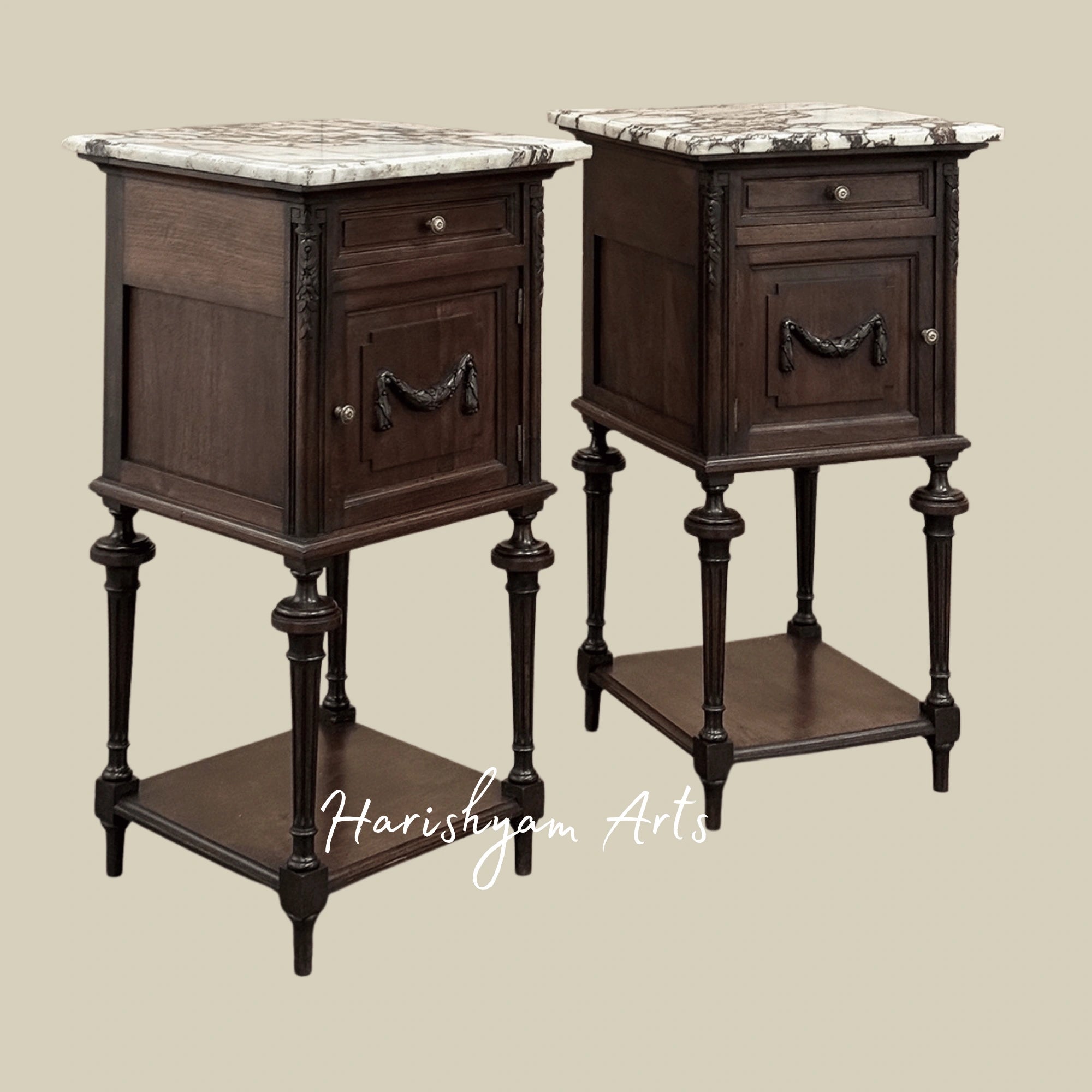 Classic Wooden Nightstand with Marble Surface and Elegant Bedside Cabinet