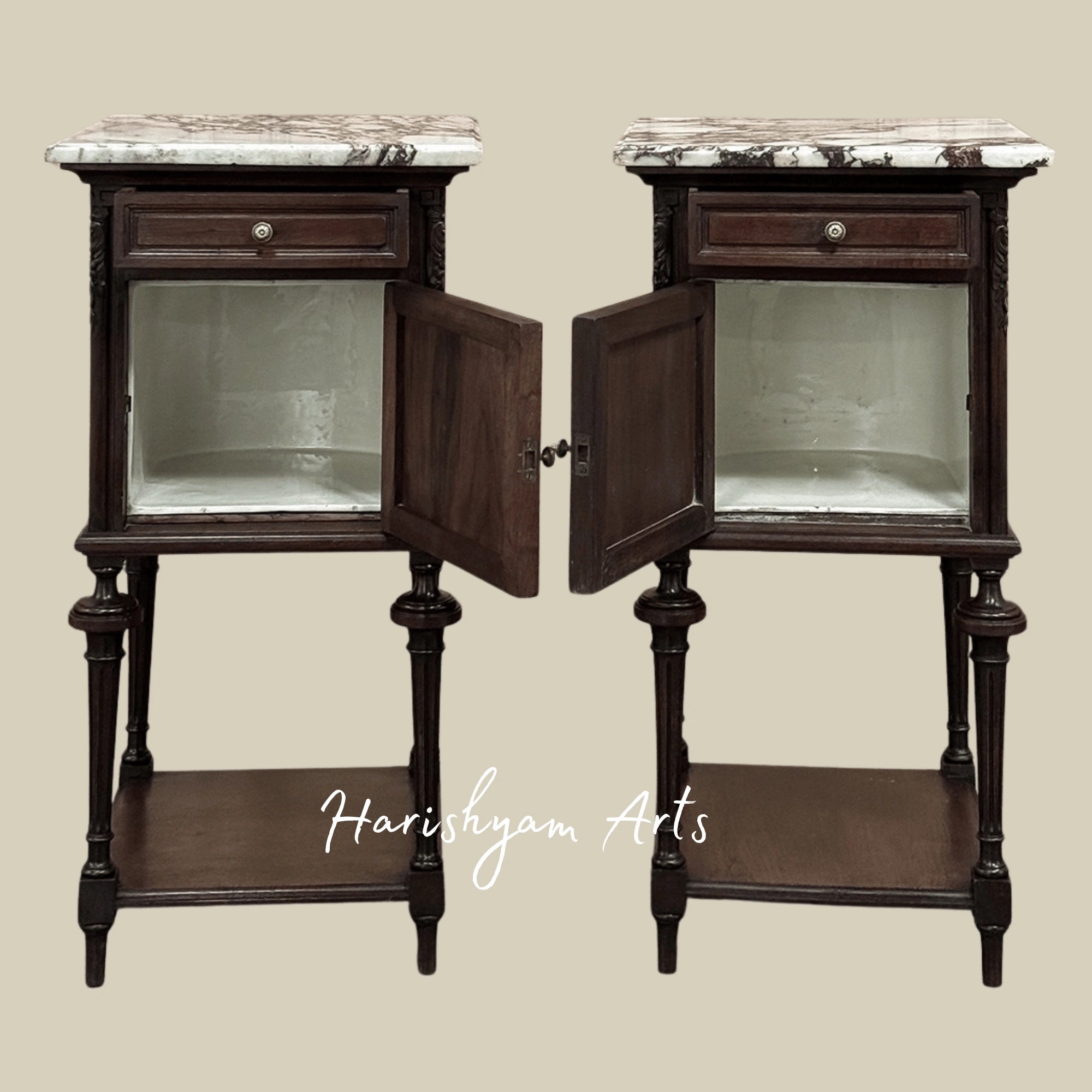 Classic Wooden Nightstand with Marble Surface and Elegant Bedside Cabinet