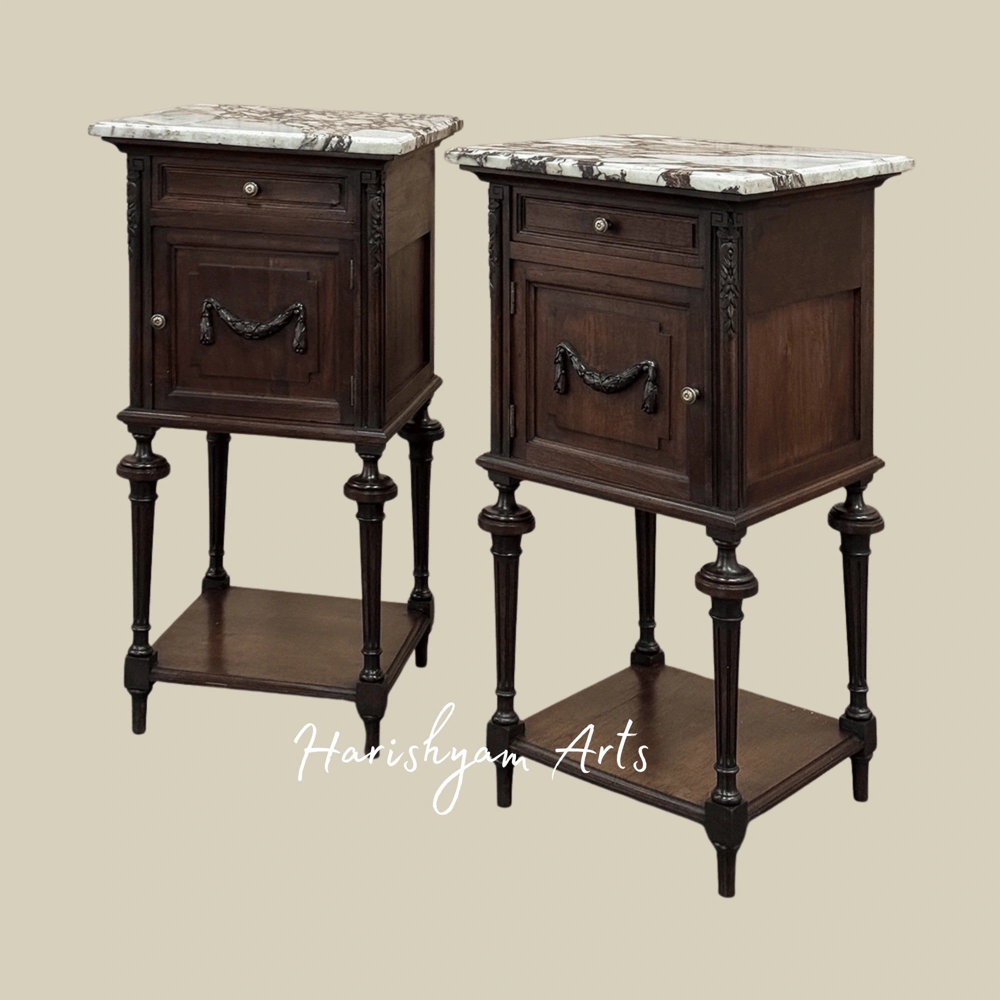 Classic Wooden Nightstand with Marble Surface and Elegant Bedside Cabinet