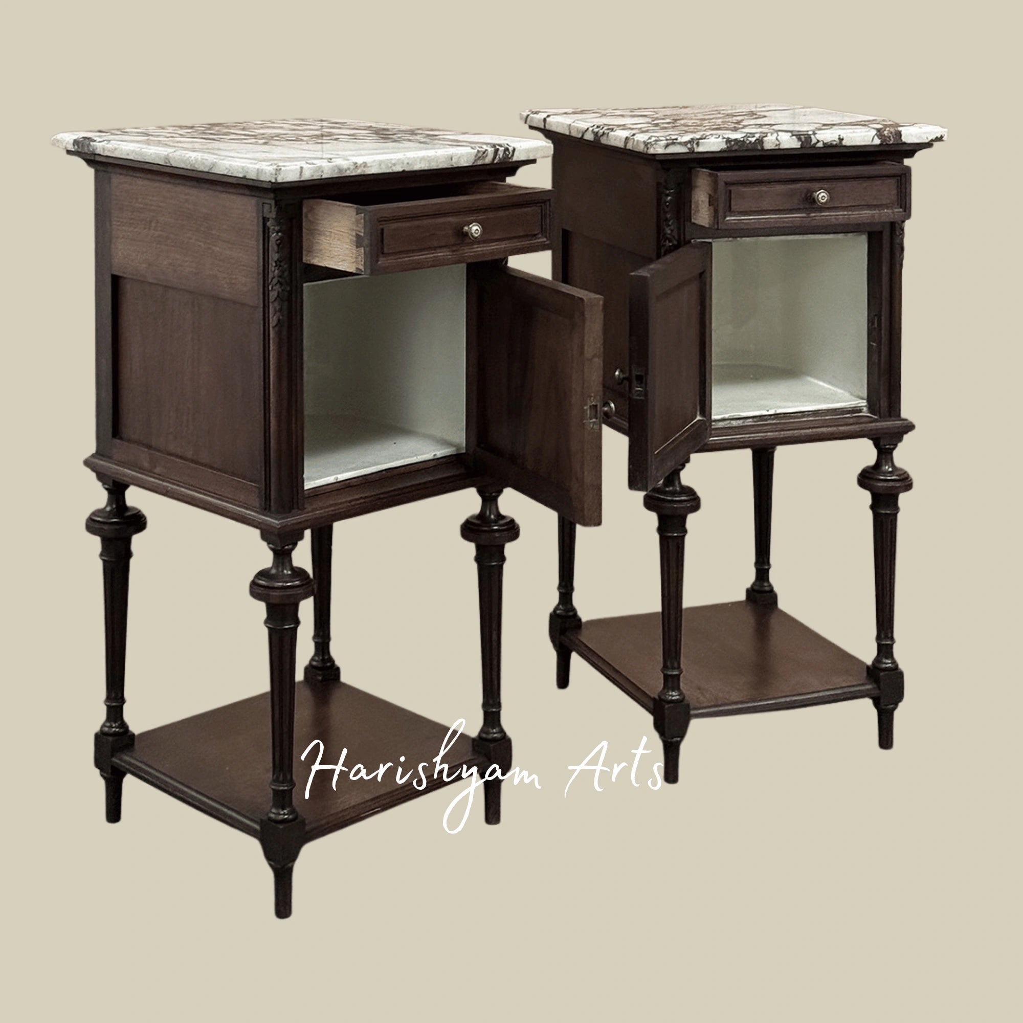 Classic Wooden Nightstand with Marble Surface and Elegant Bedside Cabinet