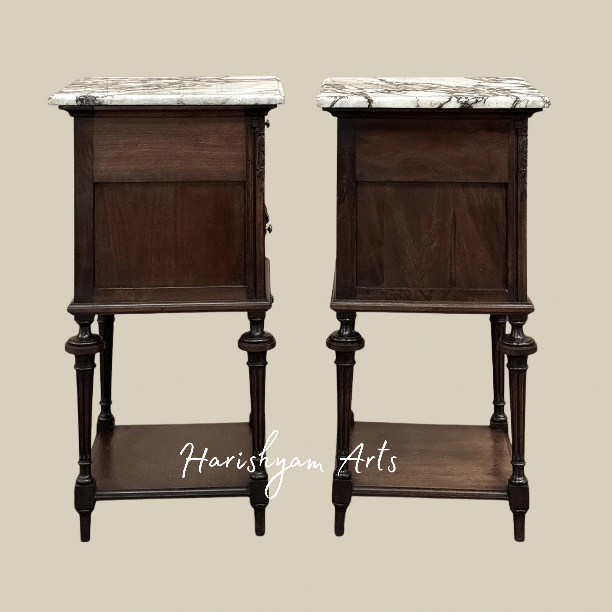 Classic Wooden Nightstand with Marble Surface and Elegant Bedside Cabinet
