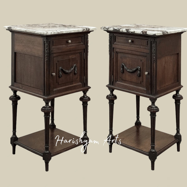 Classic Wooden Nightstand with Marble Surface and Elegant Bedside Cabinet