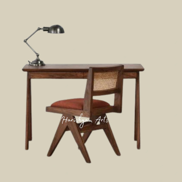 Classic Wooden Study Table with Rattan Chair