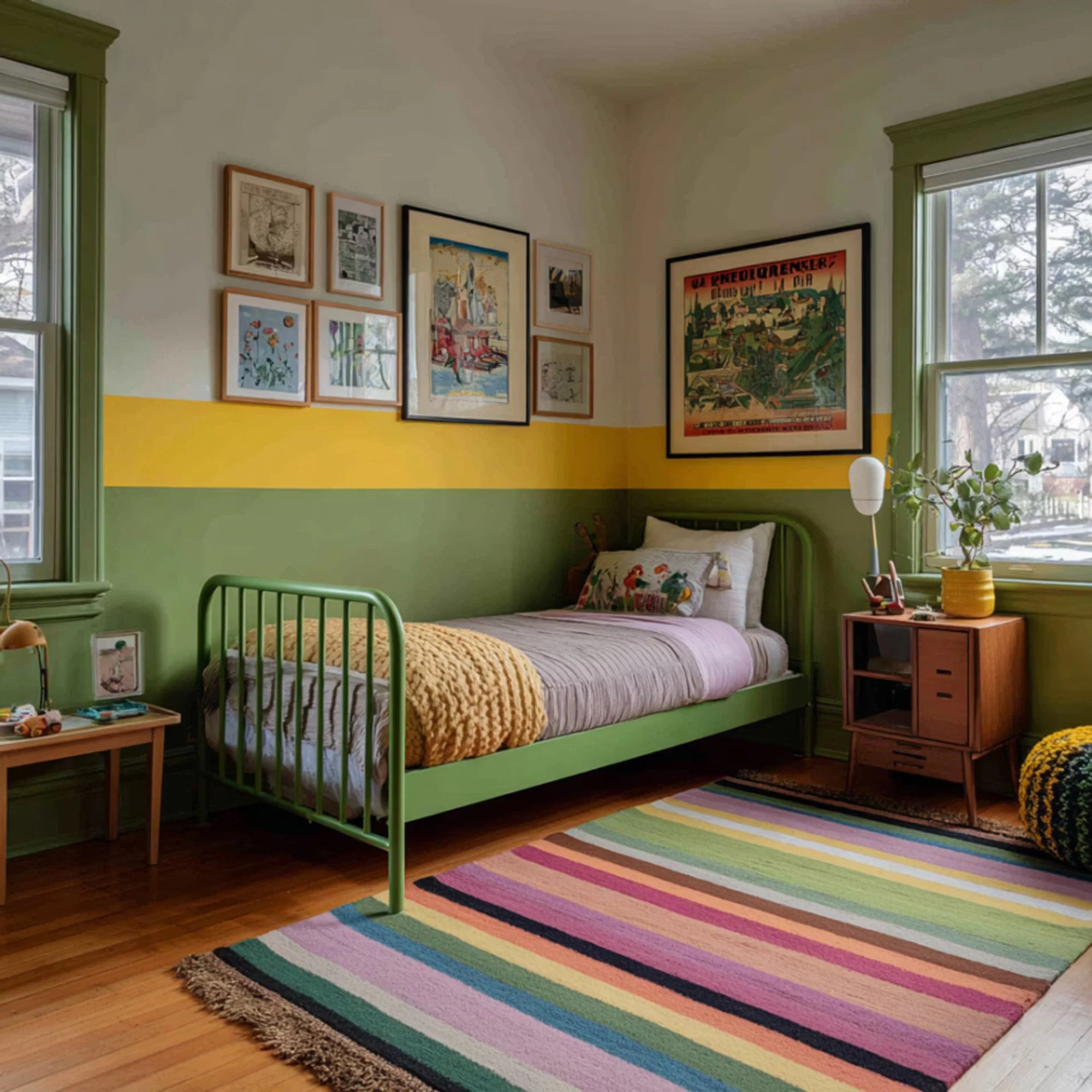 Color-Pop Kids Bedroom with Green Frame Bed & Gallery Display