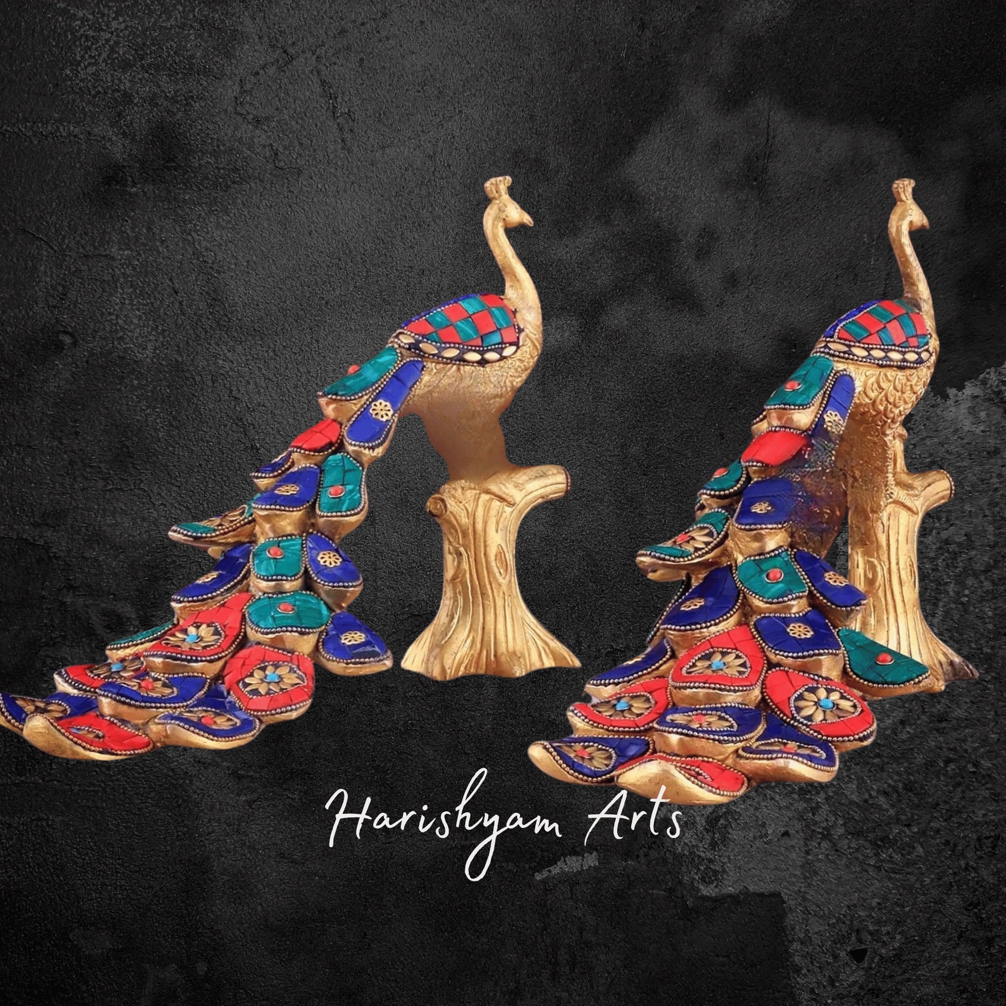 Colorful Brass Peacock Sculpture with Multicolor Stone Accents