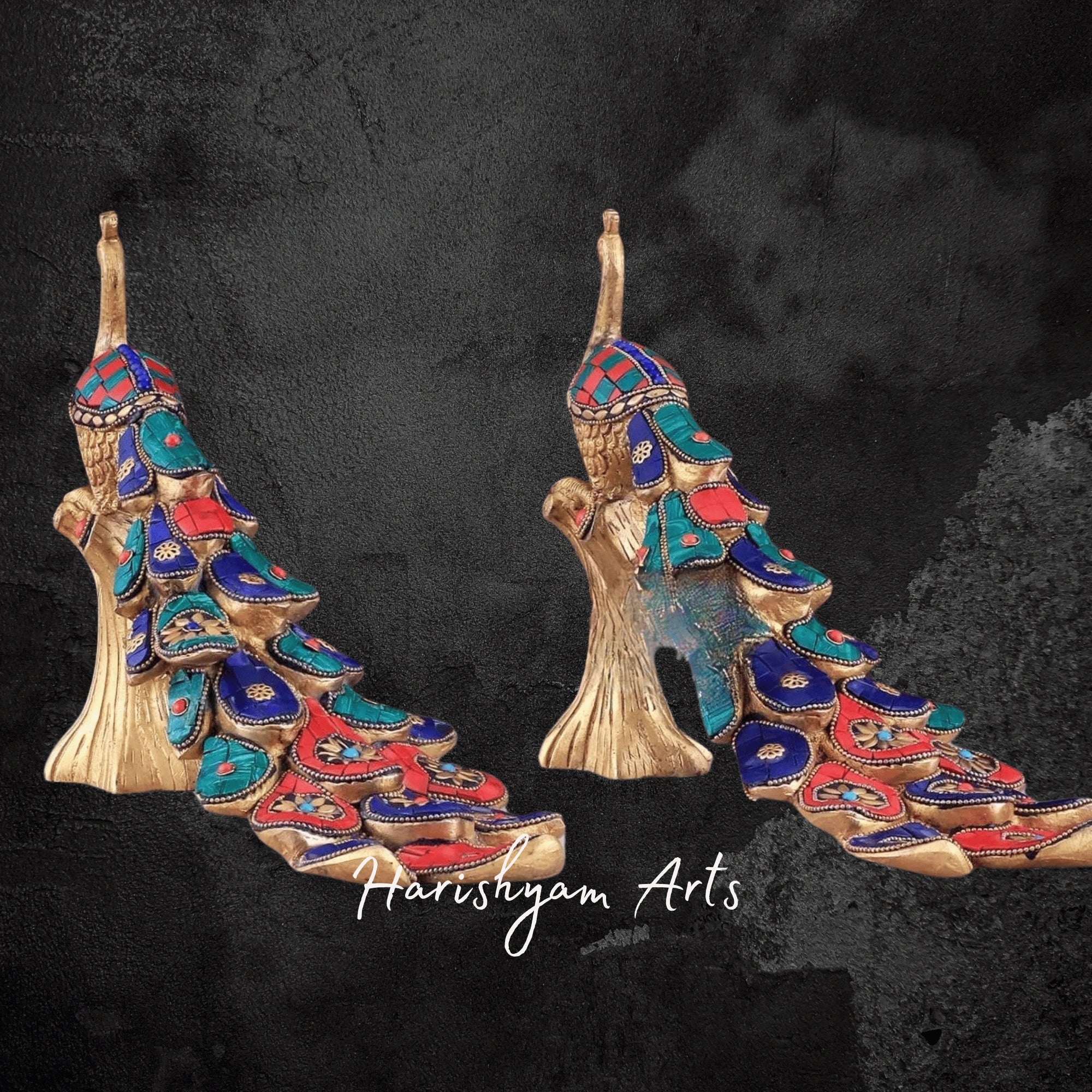 Colorful Brass Peacock Sculpture with Multicolor Stone Accents