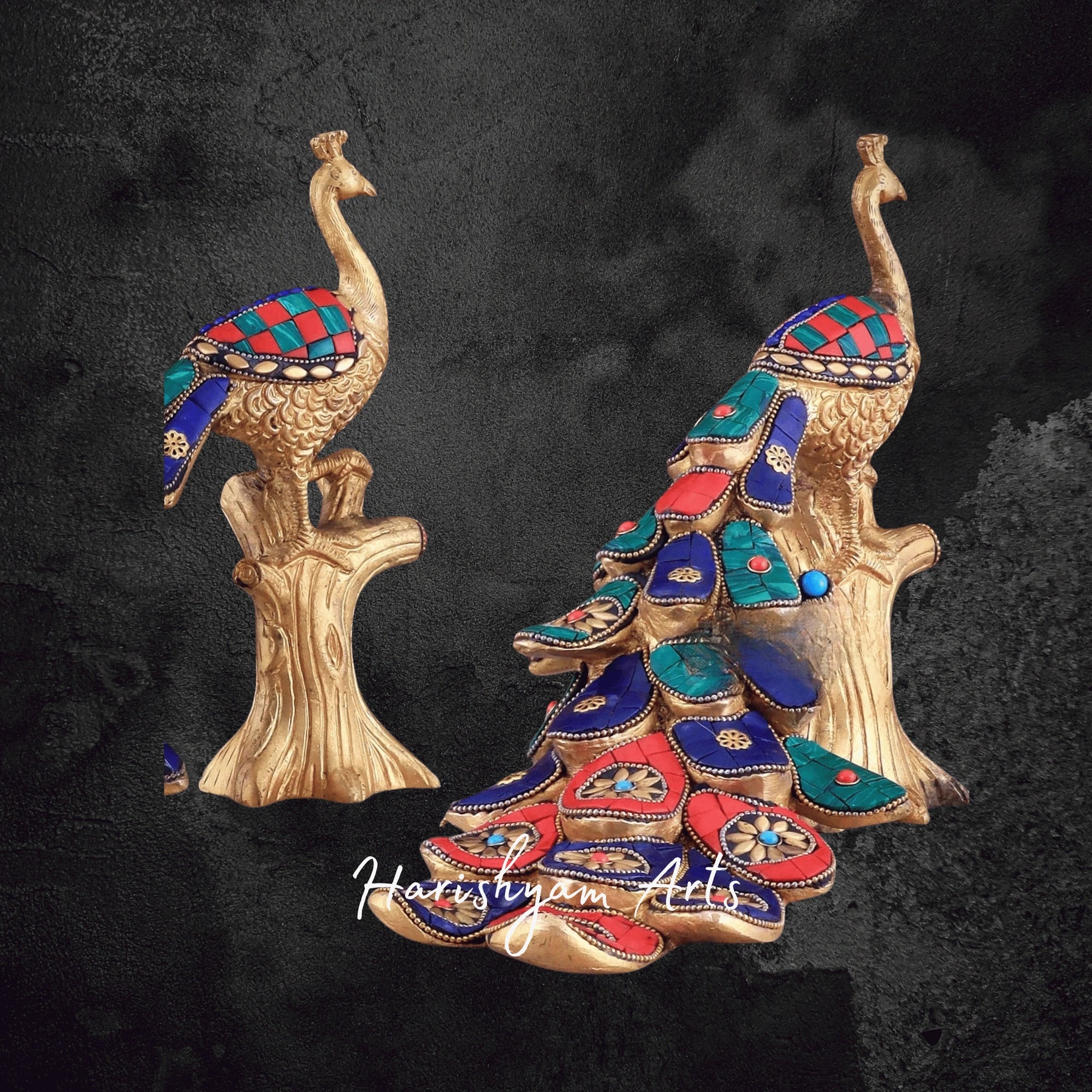 Colorful Brass Peacock Sculpture with Multicolor Stone Accents