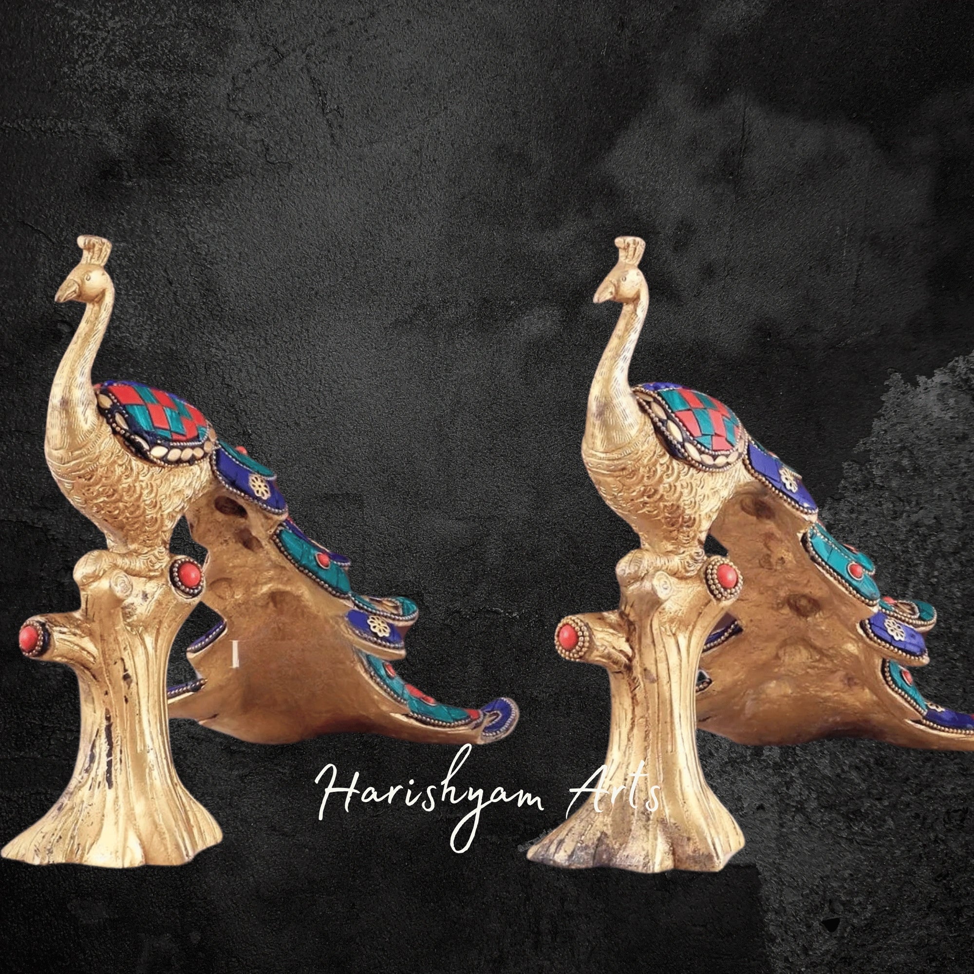 Colorful Brass Peacock Sculpture with Multicolor Stone Accents