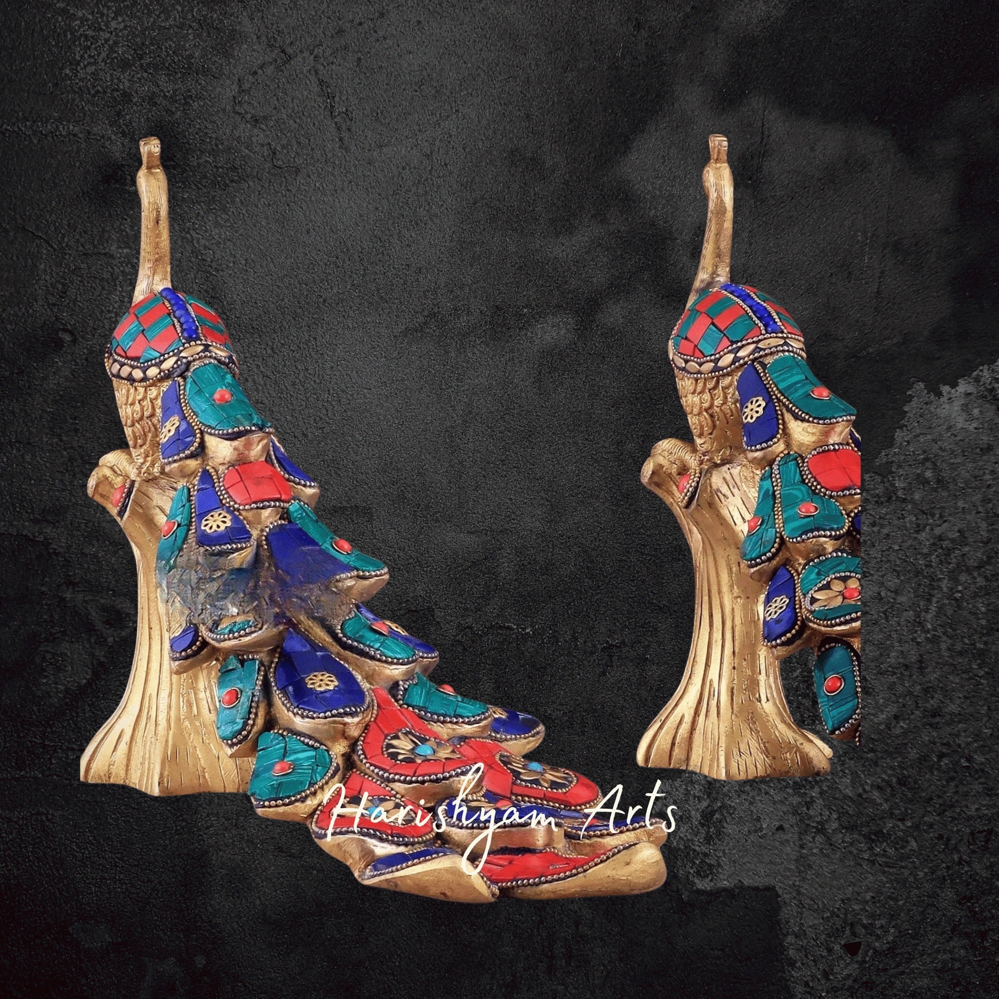 Colorful Brass Peacock Sculpture with Multicolor Stone Accents