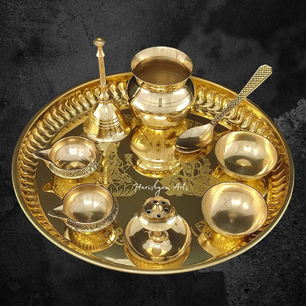 Complete 8-Inch Brass Pooja Thali Set with Kalash, Kuber Diya, Ghanti, Spoon, Bowl, Dhup Dan, Ganesh, and Lakshmi