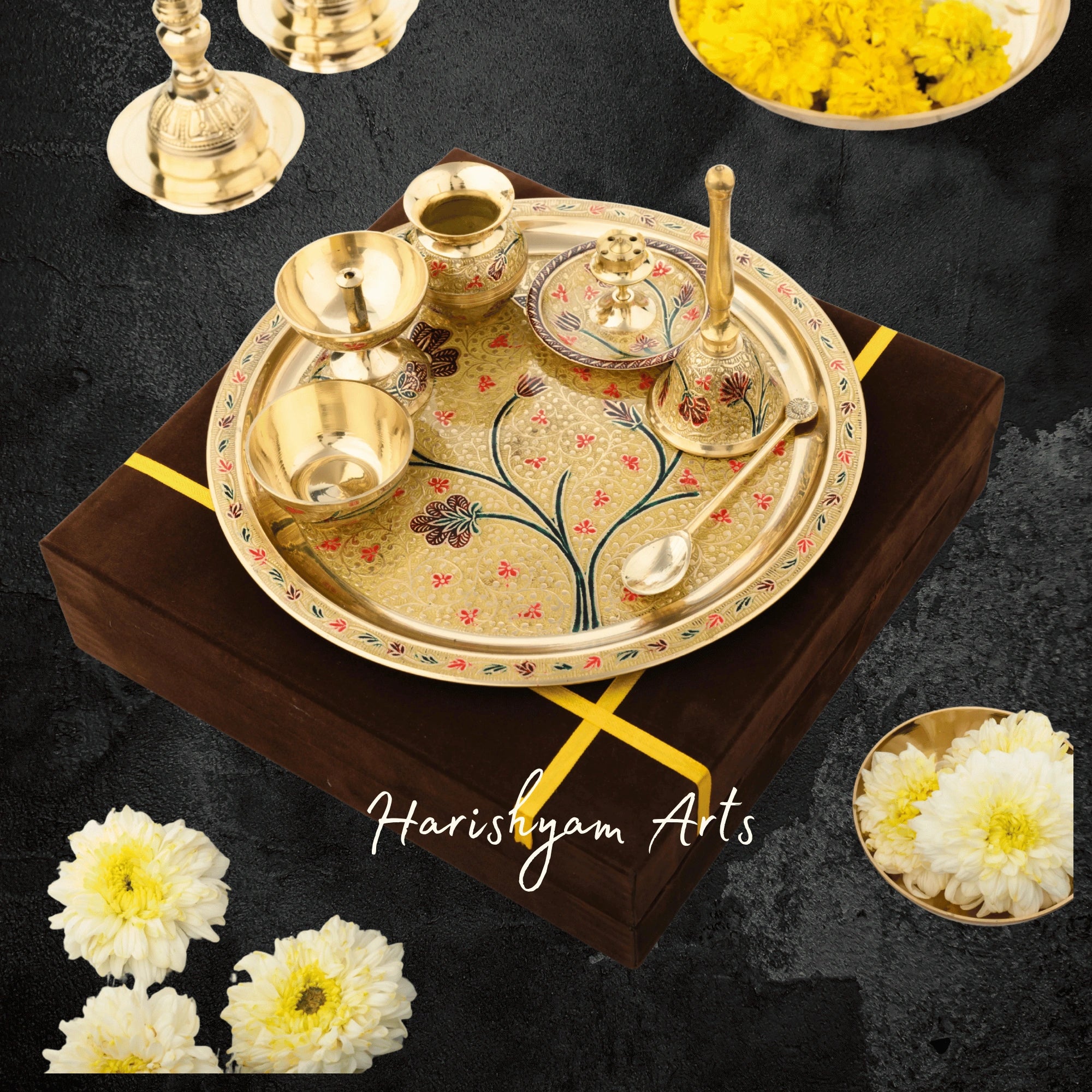 Complete Brass Pooja Samagri Set with Thali Diya Kalash and Bowls