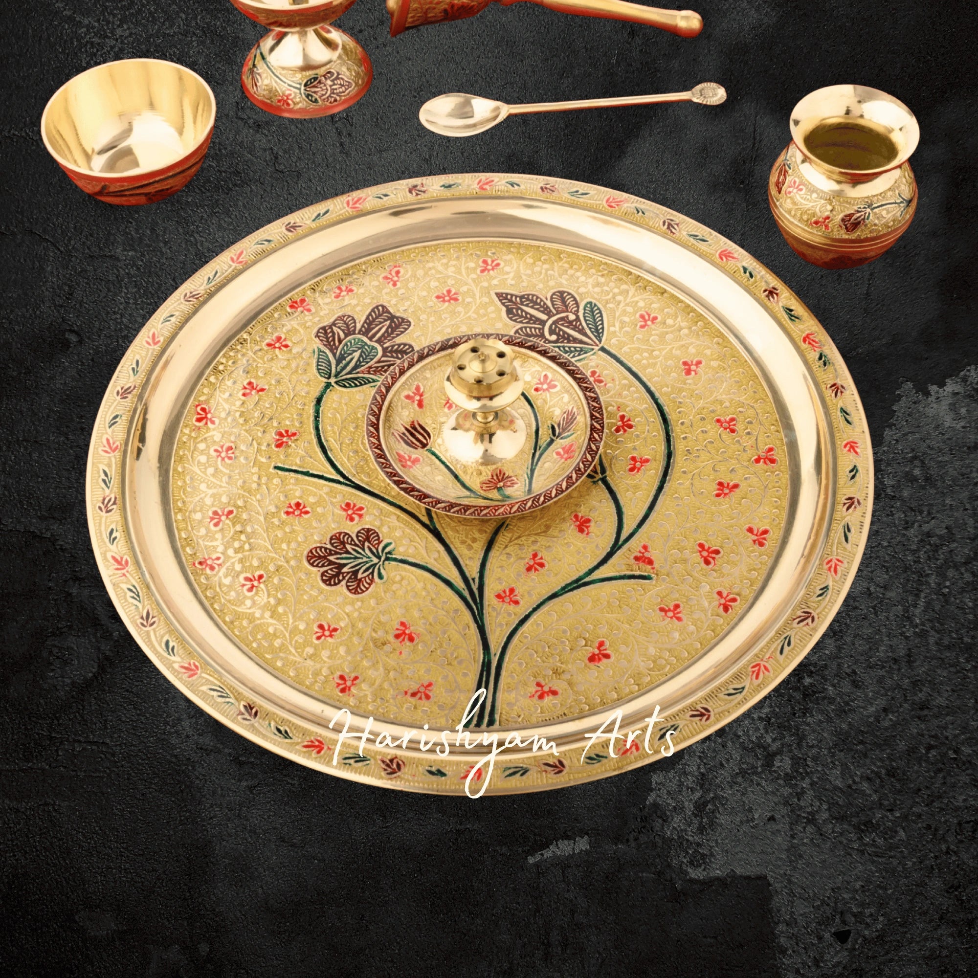 Complete Brass Pooja Samagri Set with Thali Diya Kalash and Bowls
