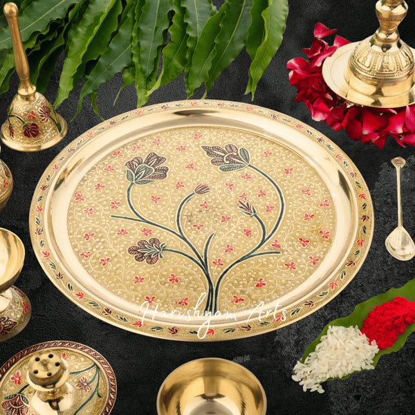 Complete Brass Pooja Samagri Set with Thali Diya Kalash and Bowls
