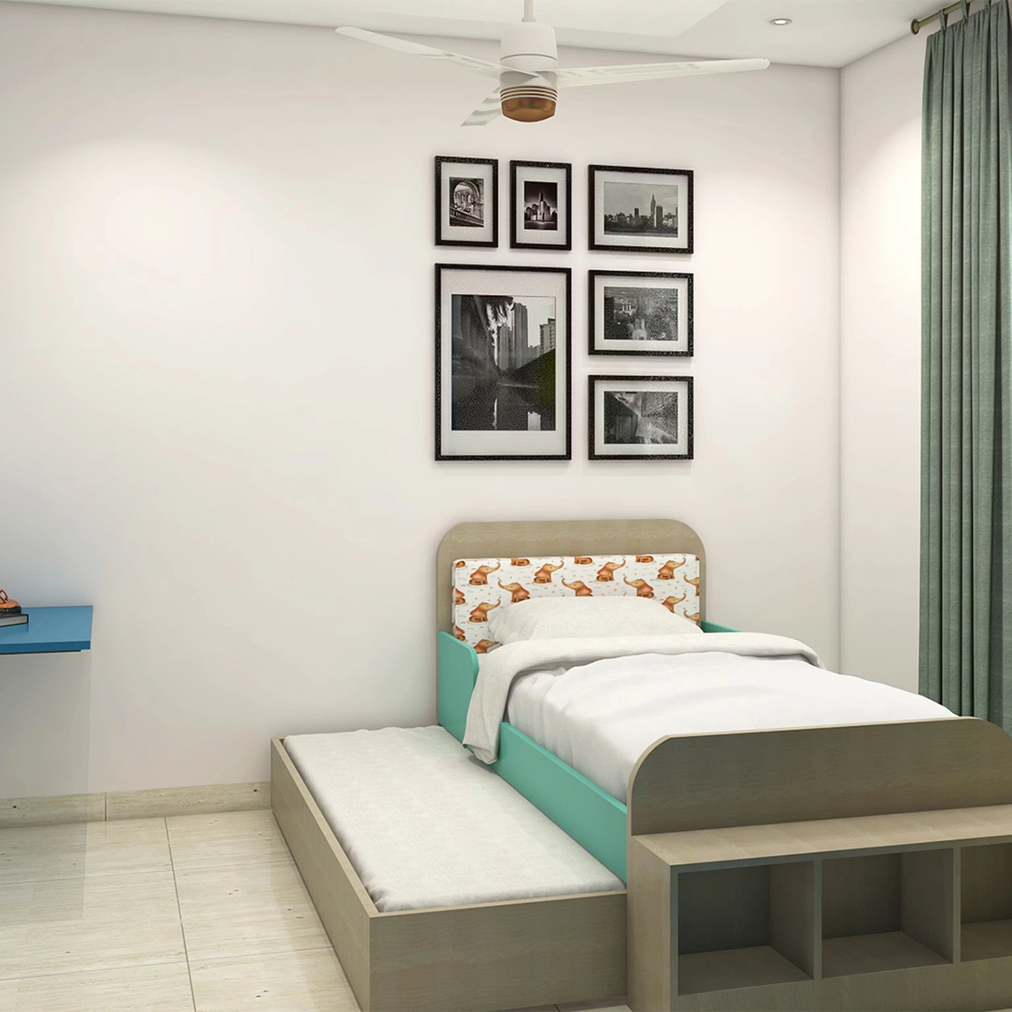 Contemporary Kids Room Featuring Space-Saving Bunk Bed and Dual Study Desk