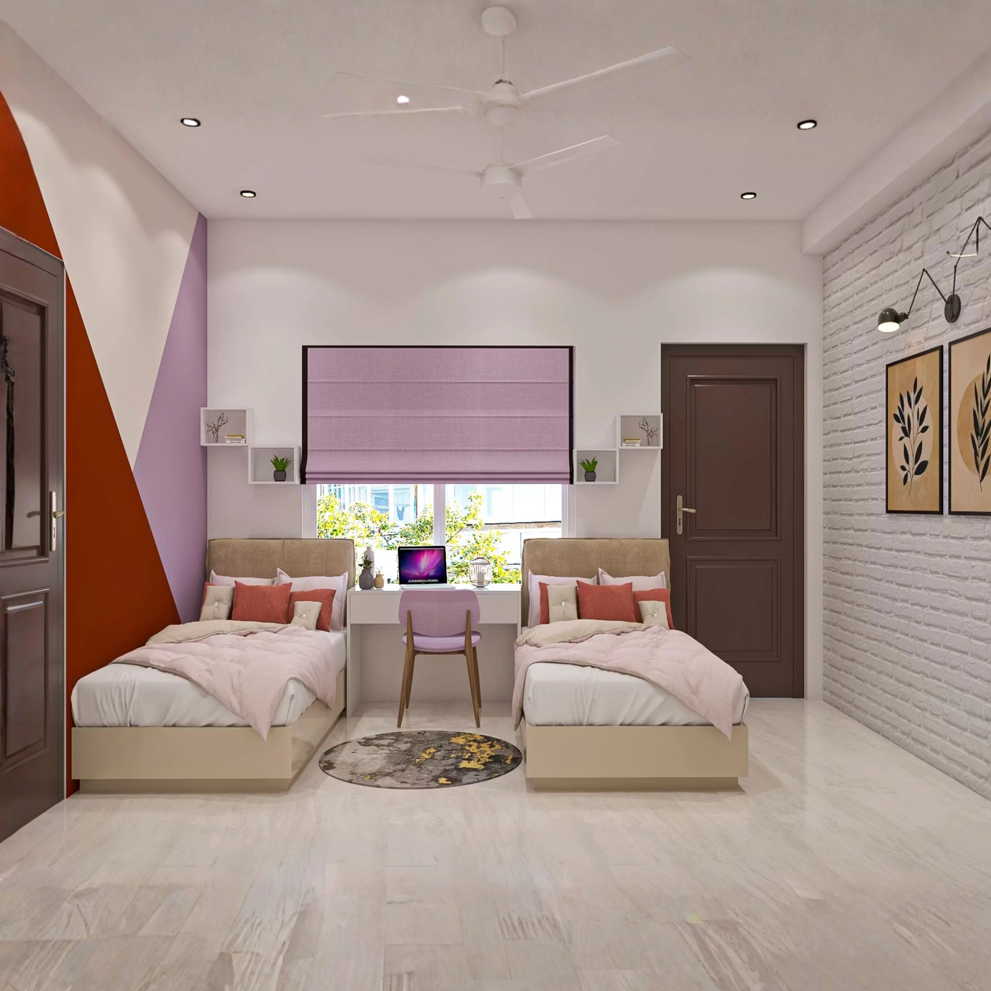 Contemporary Kids Room Featuring Twin Beds and Colorful Accent Wall