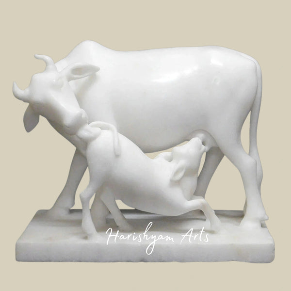 Cow and Calf Figurine Hand Painted Minakari Marble Kamdhenu Showpiece