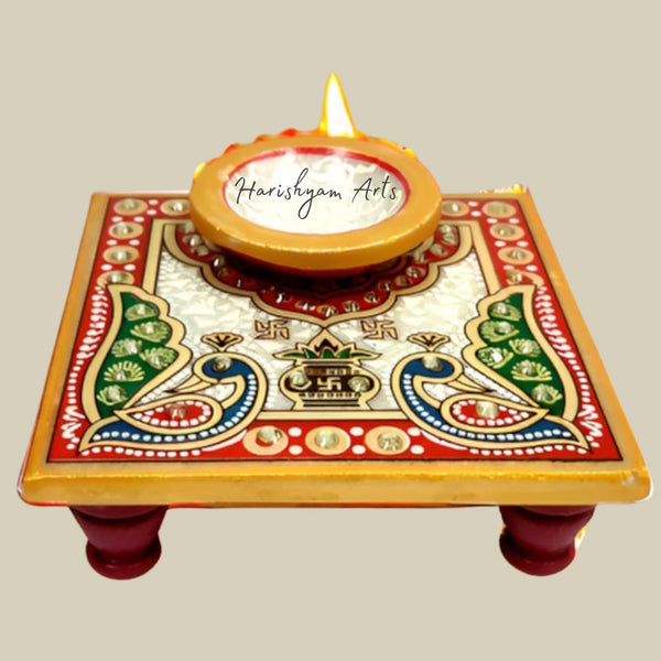 Decorative Marble Diya with Chowki for Home and Festival Décor