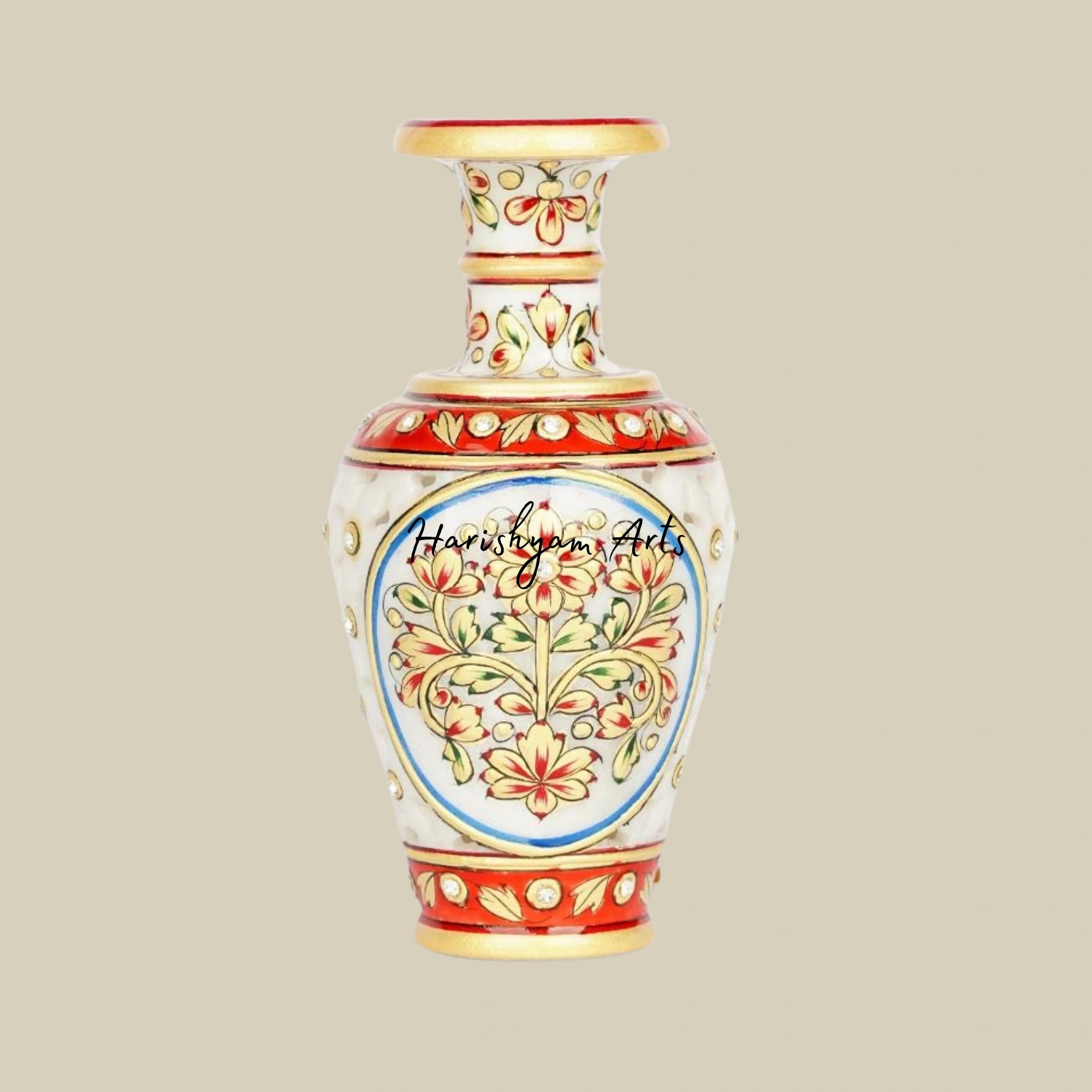 Decorative Marble Vase with Meenakari and Gemstone Inlay - Perfect for Living Room Decor