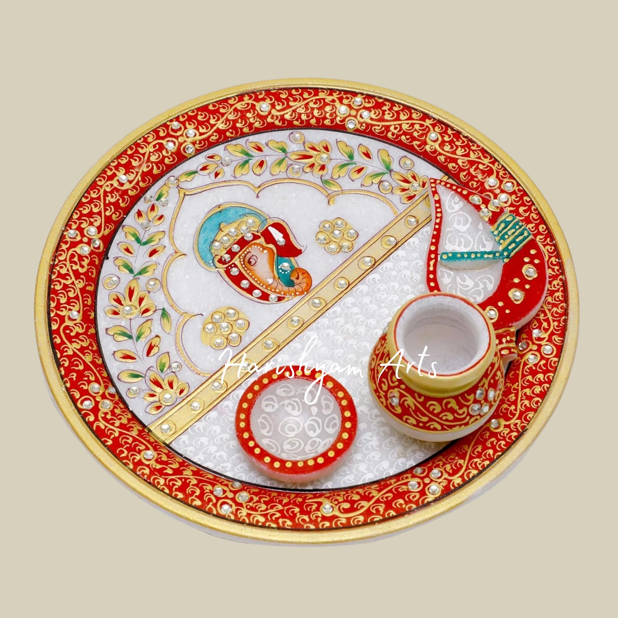 Designer Marble Puja Plate Set with Printed Ganesha Perfect for Rituals and Festivities