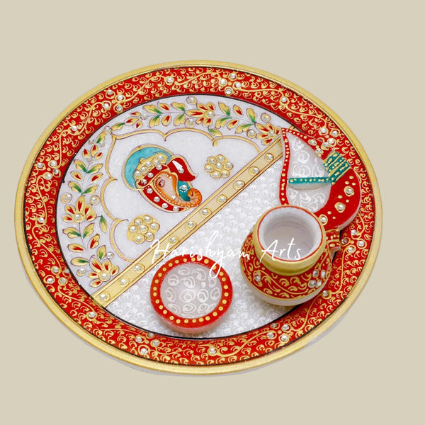 Designer Marble Puja Plate Set with Printed Ganesha Perfect for Rituals and Festivities