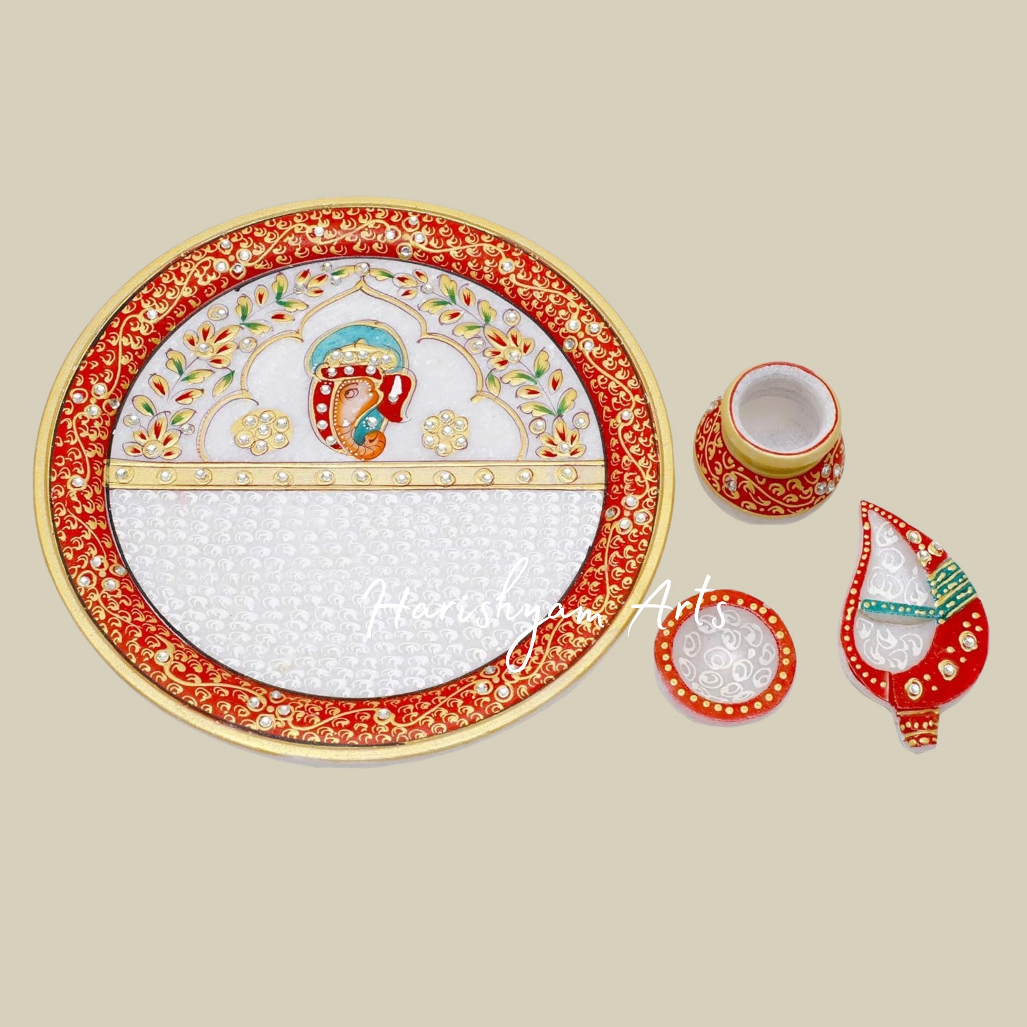 Designer Marble Puja Plate Set with Printed Ganesha Perfect for Rituals and Festivities