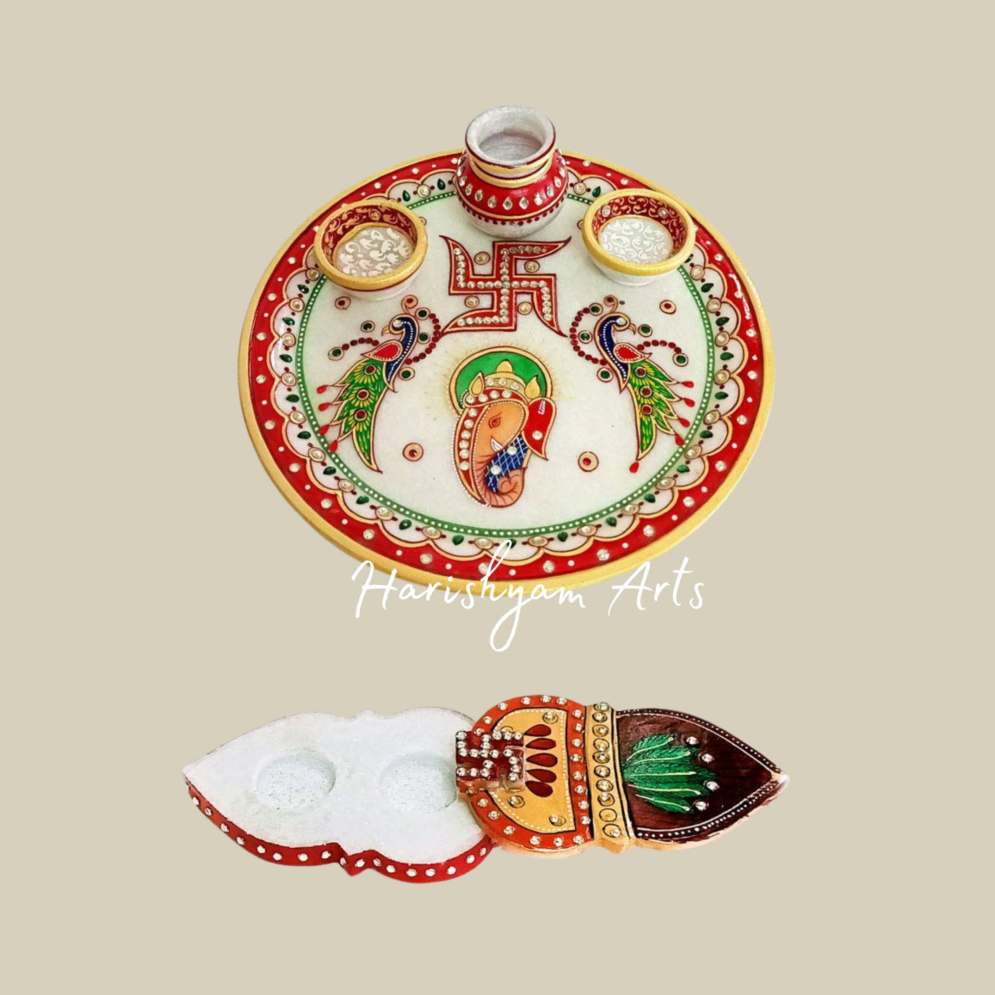 Designer Marble Puja Thali for Aarti with Decorative Round Shape for Home Decor