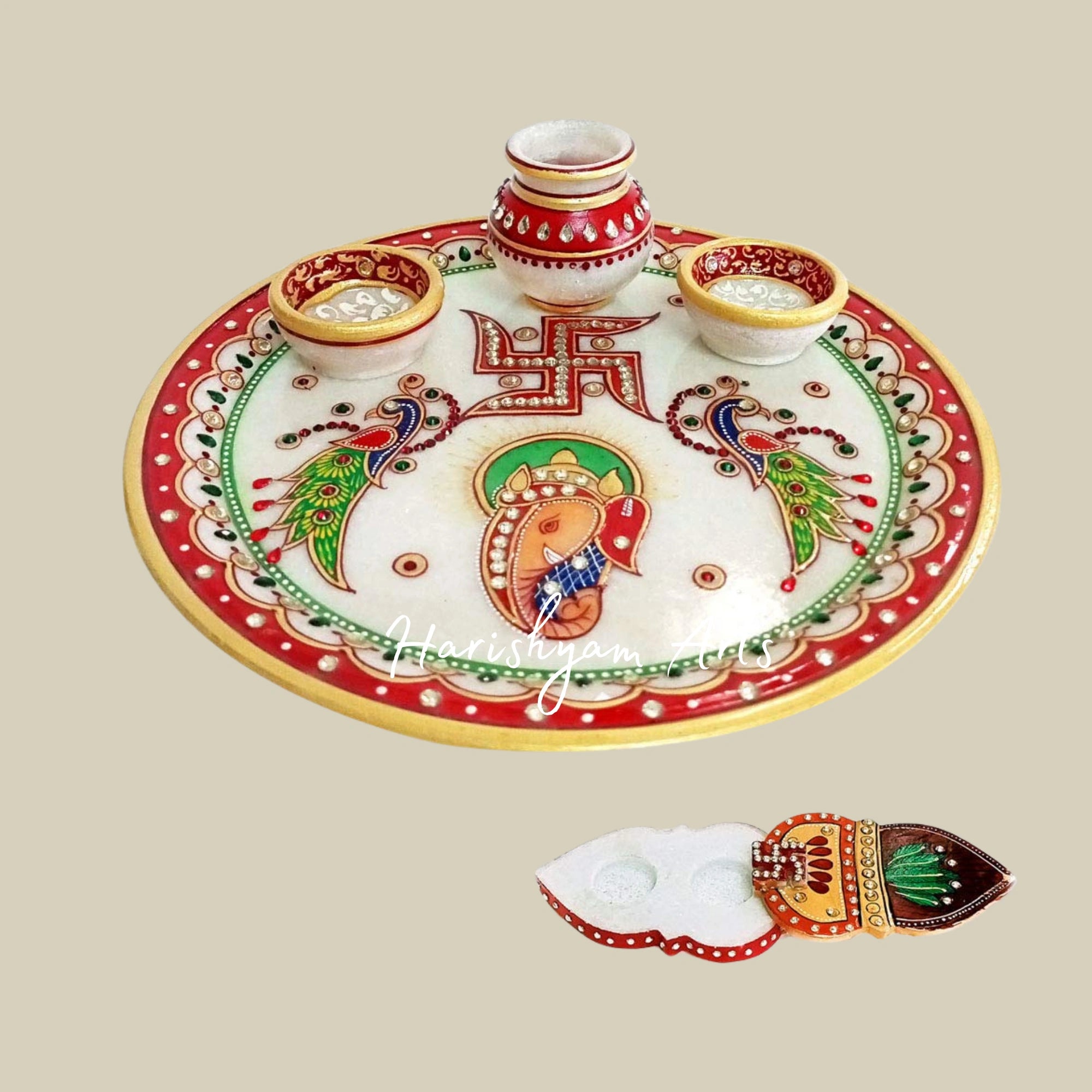 Designer Marble Puja Thali for Aarti with Decorative Round Shape for Home Decor1