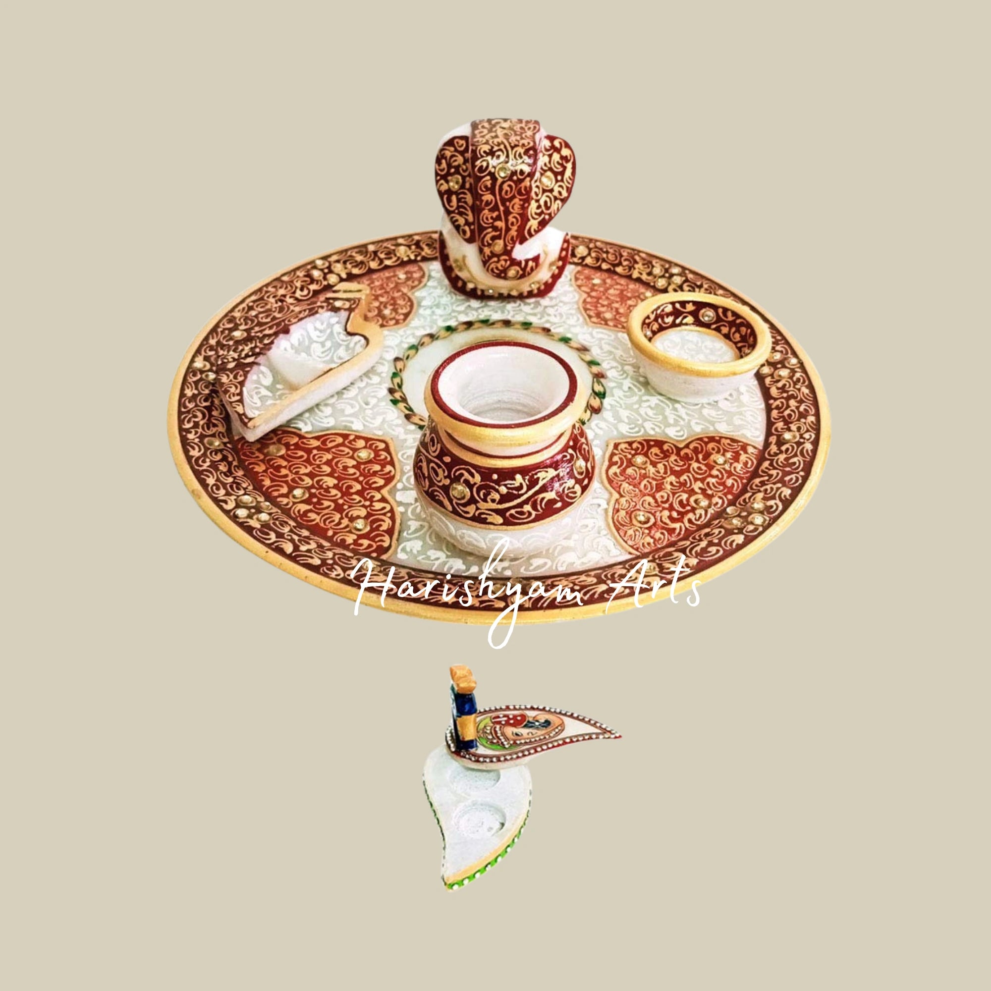 Designer Marble Puja Thali for Aarti with Decorative Round Shape for Home Decor