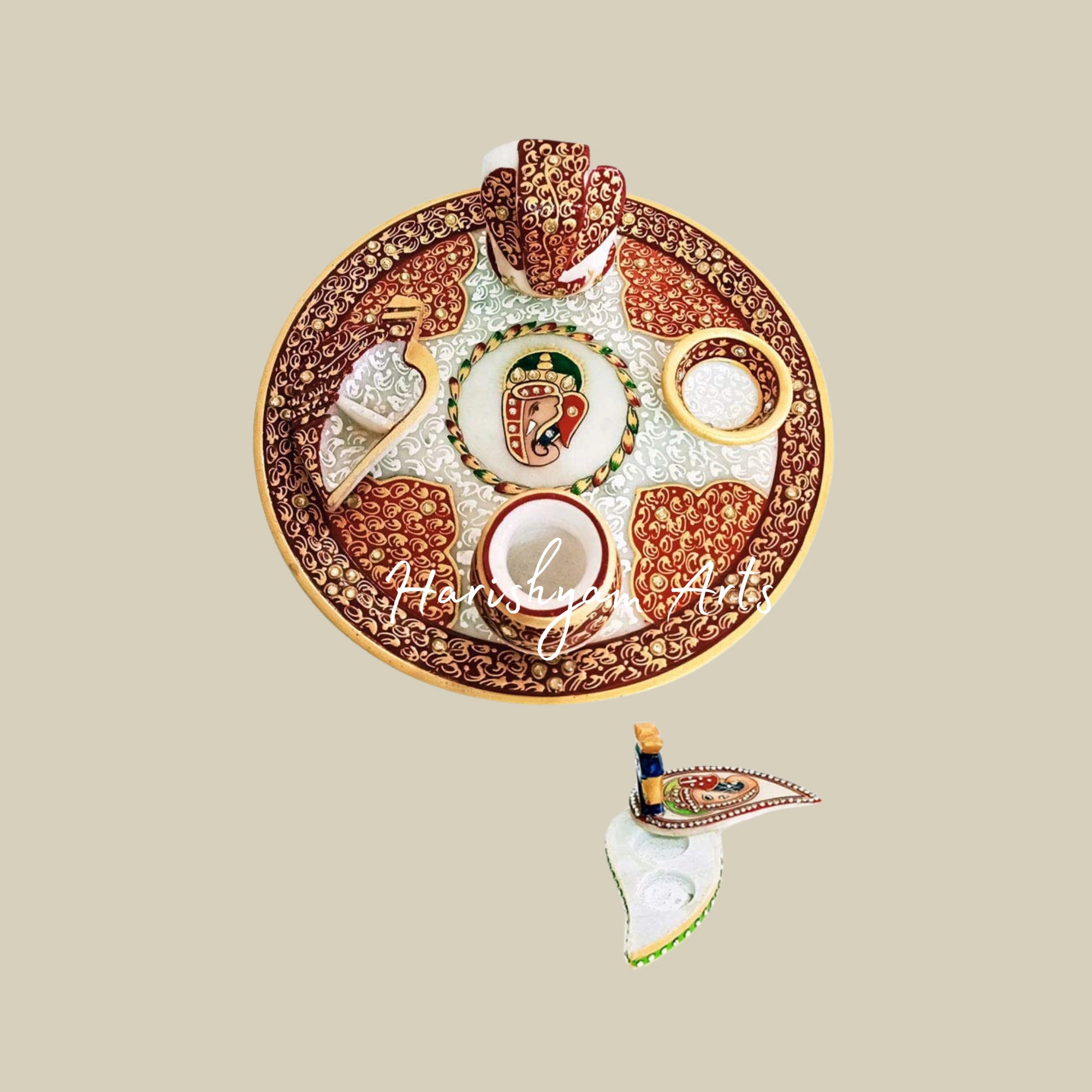 Designer Marble Puja Thali for Aarti with Decorative Round Shape for Home Decor1