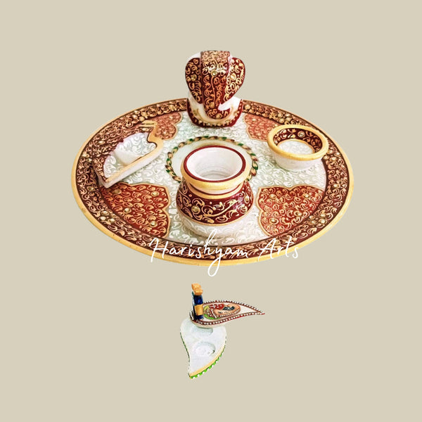 Designer Marble Puja Thali for Aarti with Decorative Round Shape for Home and Temple