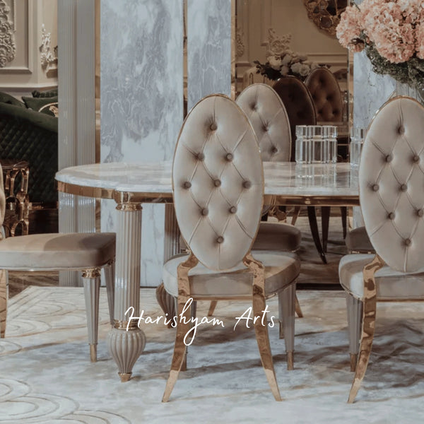 Designer Oval Back Dining Chair with Soft Velvet Upholstery, Padded Seat, and Stylish Gold Accents