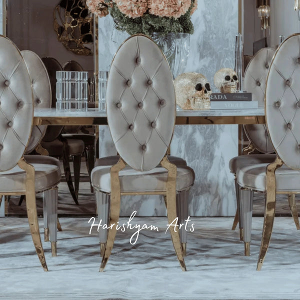 Designer Oval Back Dining Chair with Soft Velvet Upholstery, Padded Seat, and Stylish Gold Accents
