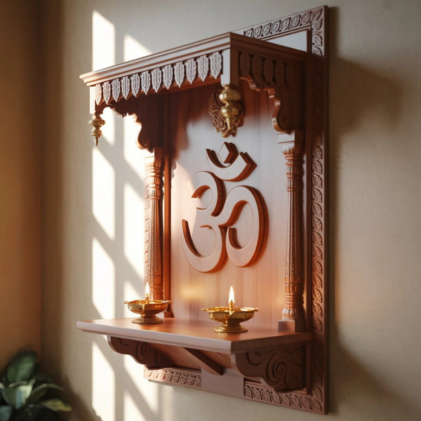 Divine Aura Teak Wall Mandir Om Carved with Brass Diya Shelf