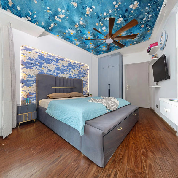 Dreamy Sky Kids Bedroom with Cloud Wall & Storage Bed