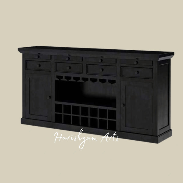 Elegant Black Bar Cabinet with Wine Rack and Glass Holder