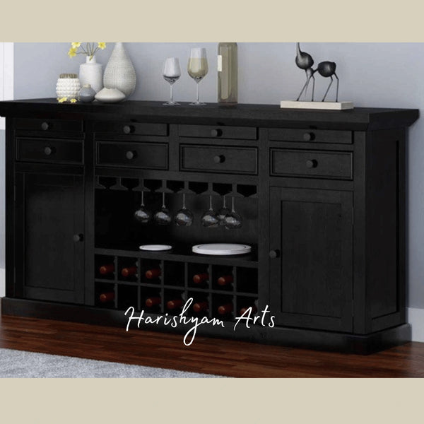 Elegant Black Bar Cabinet with Wine Rack and Glass Holder