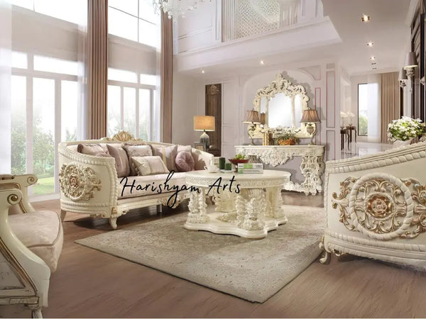 Elegant Bone Carved Wood 2-Piece Cream Chenille Sofa Set