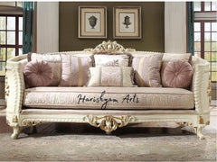 Elegant Bone Carved Wood 2-Piece Cream Chenille Sofa Set