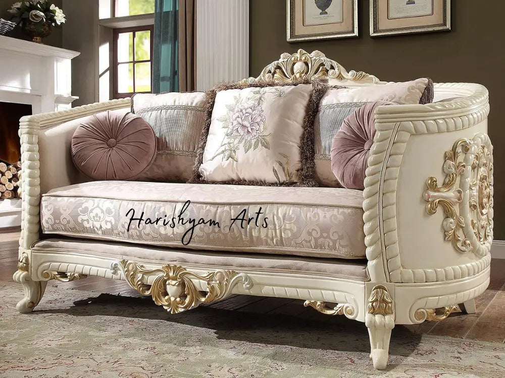 Elegant Bone Carved Wood 2-Piece Cream Chenille Sofa Set